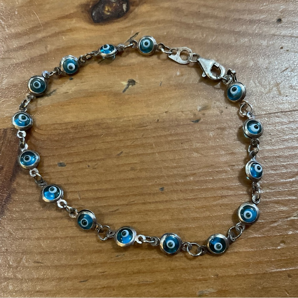 Vintage sterling silver blue evil eye tiny dainty link together bracelet 7inches